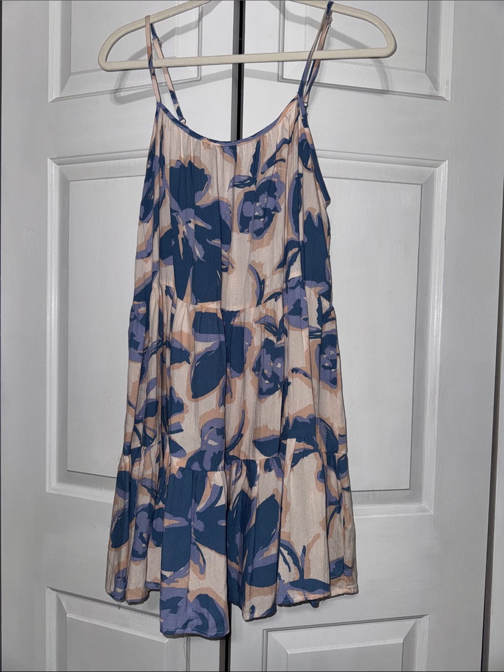 Sleeveless Tiered Mini Dress in Blue Floral on Cream